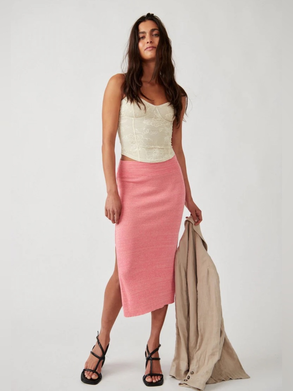 Free People Golden Hour Midi Skirt Camellia Pink Combo XS NWT